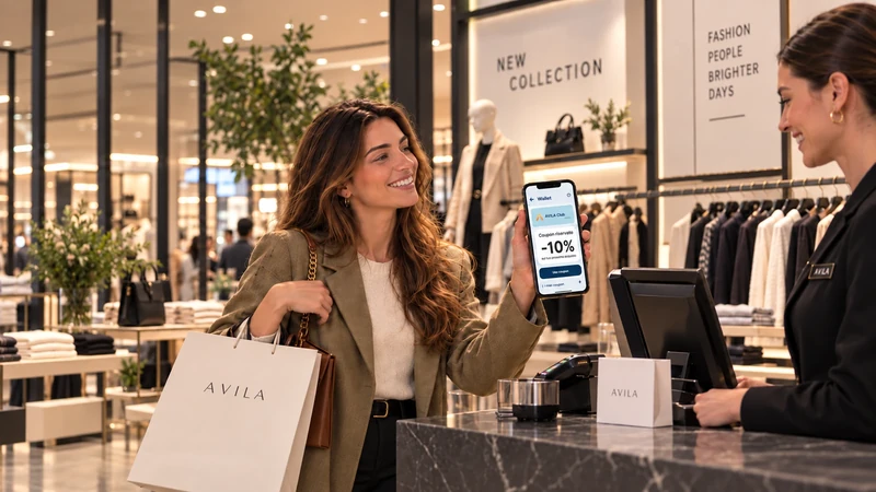 Una cliente mostra il proprio coupon alla cassa di un negozio