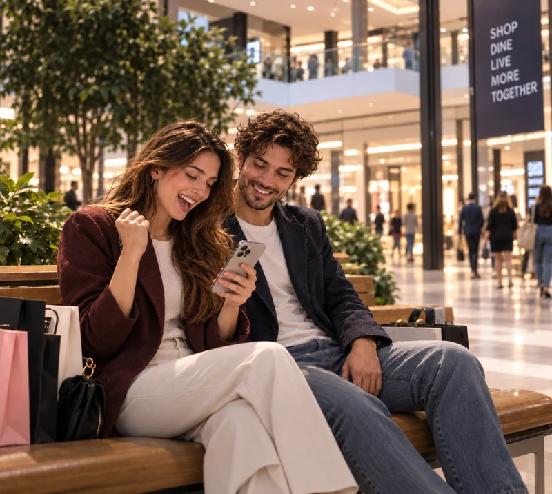 Una coppia partecipa a un gioco nell’app del centro commerciale