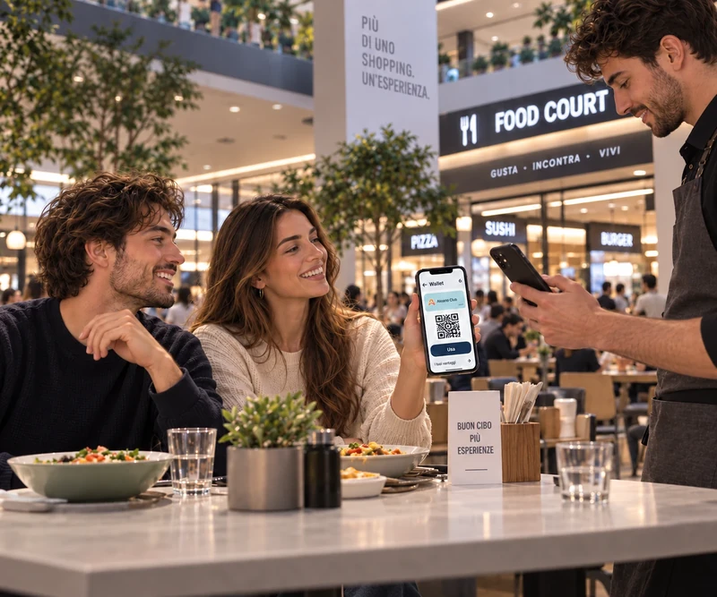 Una coppia utilizza il wallet tramite QR nella Food Court